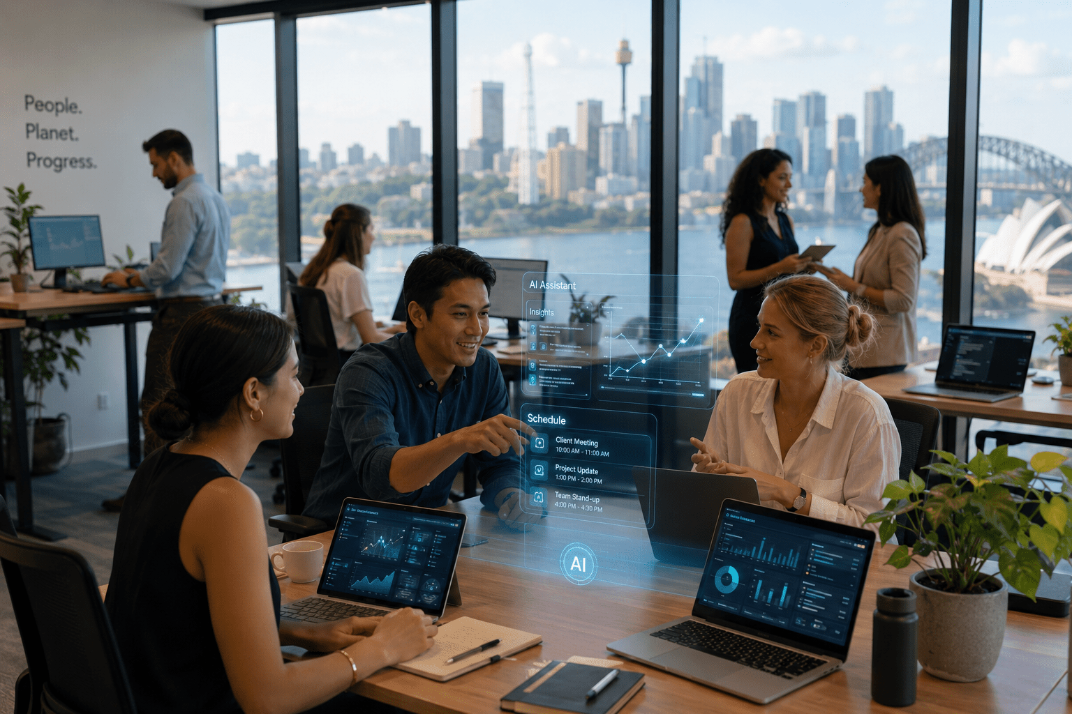 modern Australian office with diverse professionals collaborating, subtle AI holographic interfaces