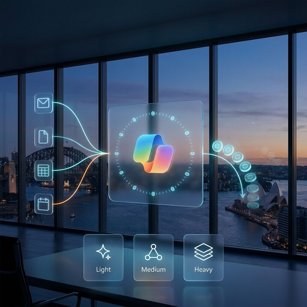Glass panel carrying the Microsoft Copilot logo above a Sydney skyline, with light, medium and heavy Copilot Cowork credits cards below it