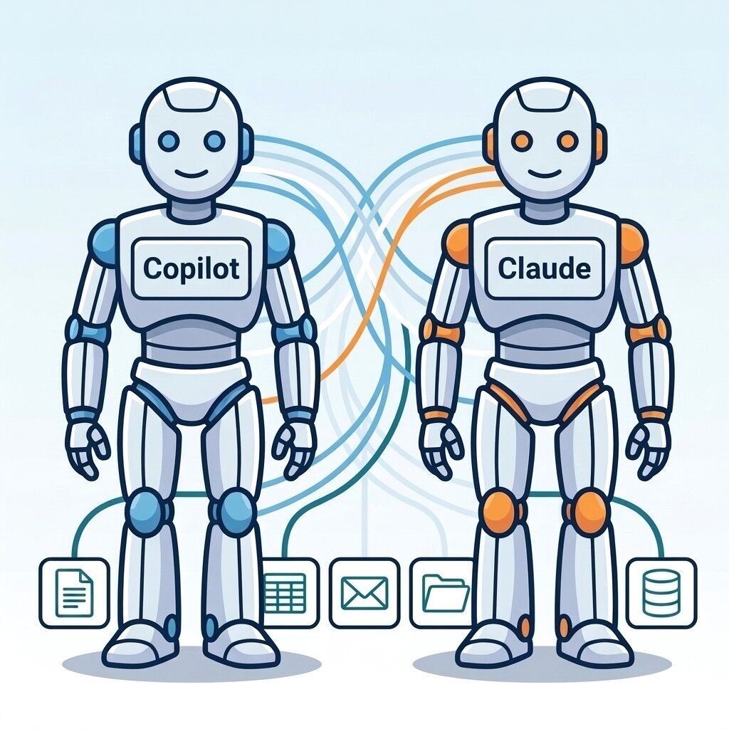 Two robots labelled Copilot and Claude linked to business system icons, showing custom AI agents side by side