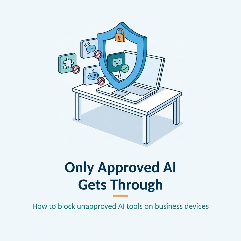 Block unapproved AI tools: a shield lets one approved AI app through to a laptop and stops the rest