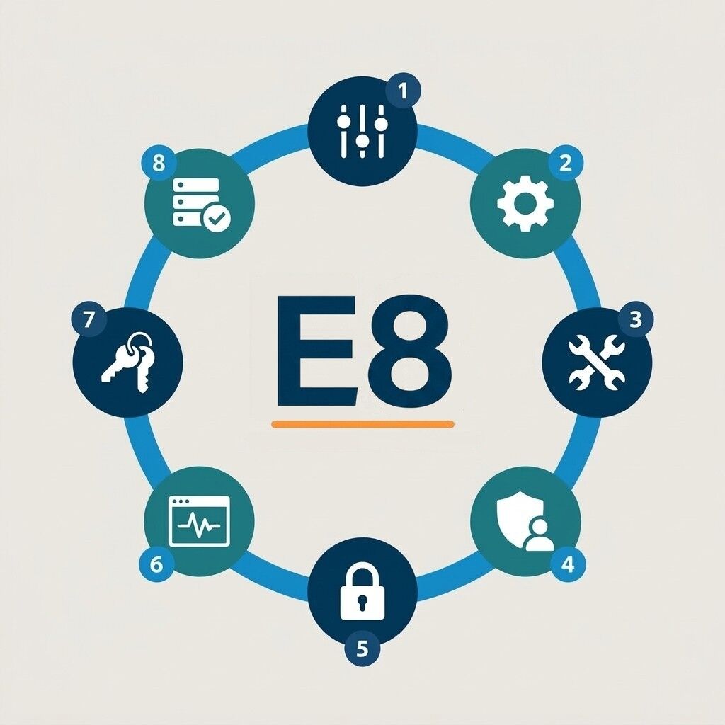 Ring of eight numbered security icons around E8, illustrating an Essential Eight checklist for Australian SMBs